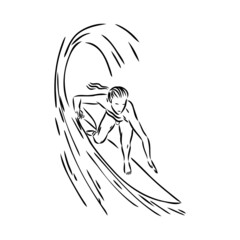 Fototapeta premium Surfer in wave brush ink sketch handdrawn serigraphy print
