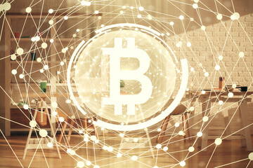 Double exposure of crypto technology theme drawing and office interior background. Concept of...