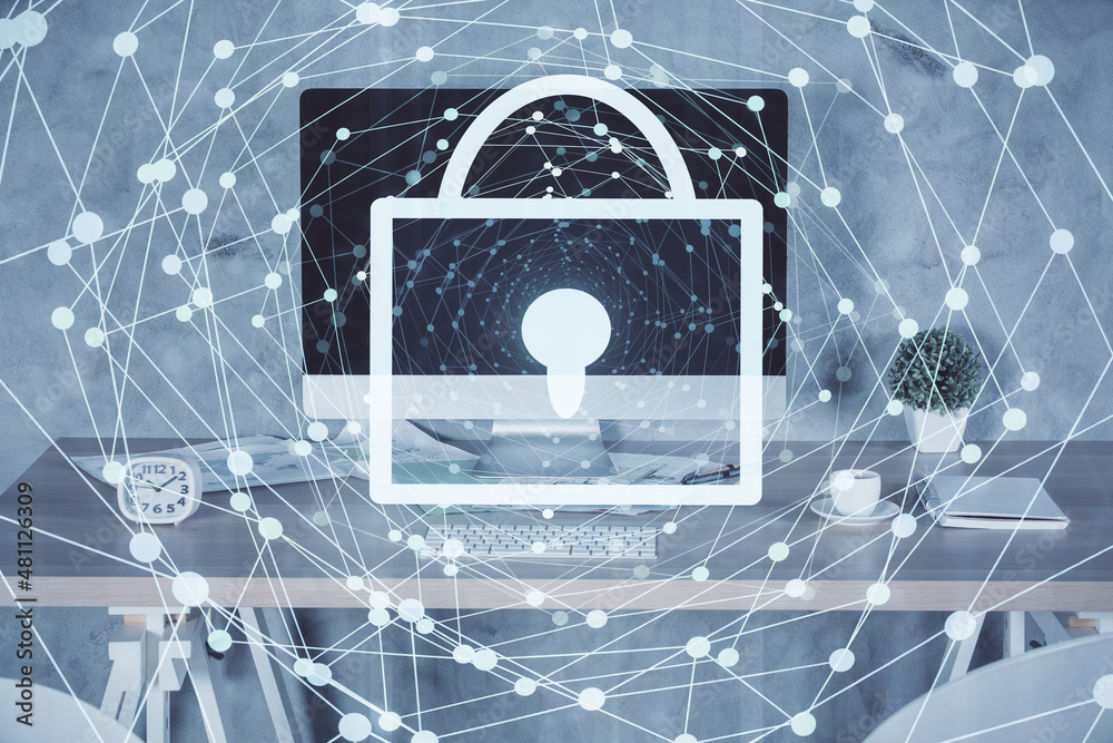 Poster multi exposure of lock drawing and office interior background. concept of data security.