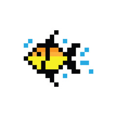 Yellow fish pixel art 8 bit game vector illustration.