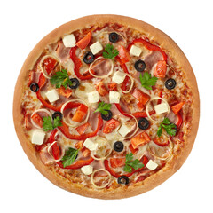 Top view of pizza with ham, bacon, mozzarella, tomatoes, bell pepper, onions, parsley and black olives