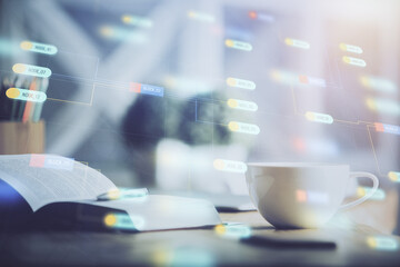 Multi exposure of technology theme drawing and desktop with coffee and items on table background. Concept of data research.