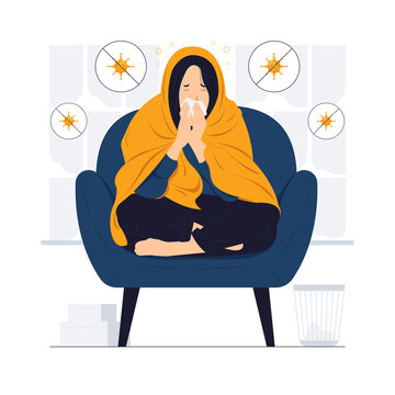 Girl with a cold blowing her nose while lying sick in sofa concept illustration