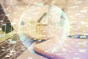 Double exposure of business theme drawing and desktop with coffee and items on table background....