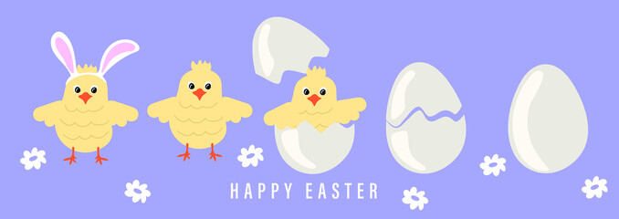 Easter chick. Cute Chicken cracking from egg shell wearing easter bunny ears. Vector illustration