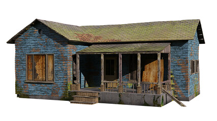 old abandoned house from above, isolated on white background