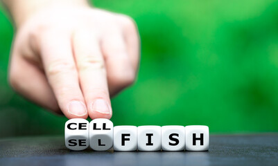 Symbol for a selfish person who is talking a lot on a cell phone. Hand turns dice and changes the...