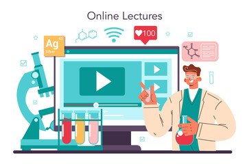 Chemist online service or platform. Scientist doing an experiment