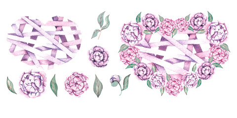 Watercolor set of floral elements for Valentine's Day