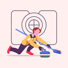 Girl sports play curling on the ice of curling sports. Winter Olympic. Vector colorful illustration. - obrazy, fototapety, plakaty