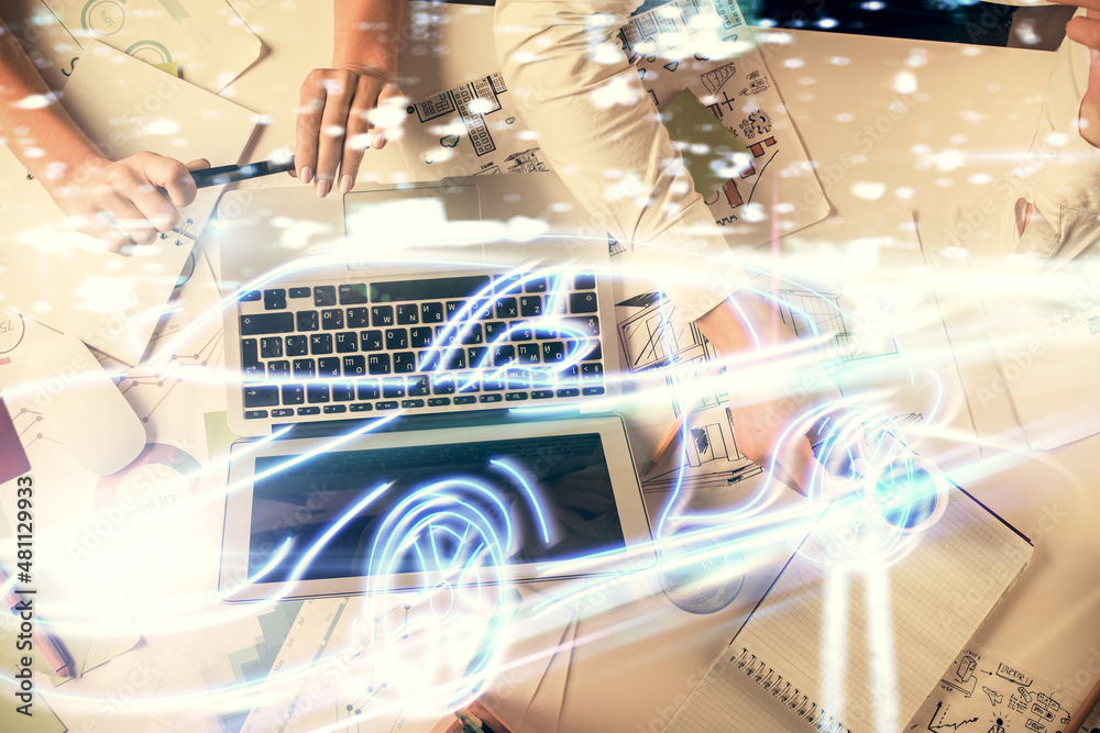 Poster double exposure of man and woman working together and a car hologram drawing. autopilot concept. com