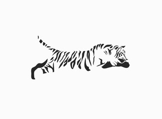 Hand drawn vector abstract stock graphic cartoon illustration with beauty cute trendy wildlife white,drawing tiger,black and white texture isolated on white background. Chinese New Year concept art.
