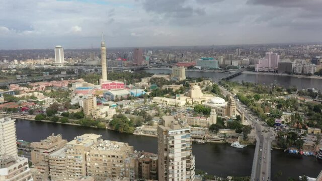 Aerial upward Drone Shot of Cairo tower and Downtown at noon
