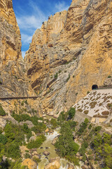 The Guadalhorce gorge with the King's pathway on the left side and the railway on the right, seen from the King's pathway