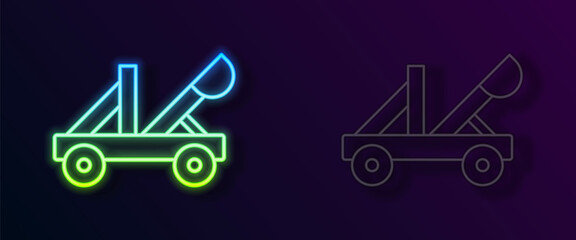 Glowing neon line Old medieval wooden catapult shooting stones icon isolated on black background. Vector