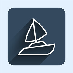 White line Yacht sailboat or sailing ship icon isolated with long shadow background. Sail boat marine cruise travel. Blue square button. Vector