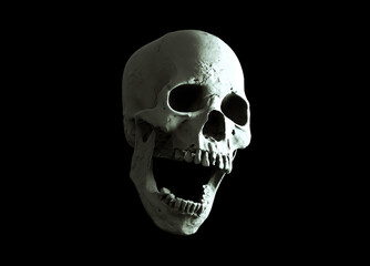 Human anatomical skull with a gaping mouth, full face. Black isolated background. Concept art of death, horror, for print, poster, spooky halloween, virus, immortal, pirate. 3D rendering illustration.