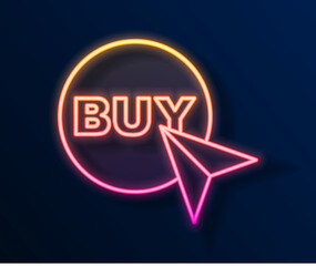 Glowing neon line Buy button icon isolated on black background. Vector