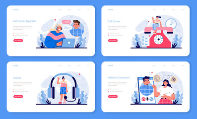 Fototapeta premium Call center or helpline web banner or landing page set. Support operator