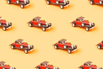 Pattern of old-timer toys on a pastel background. 60s 70s