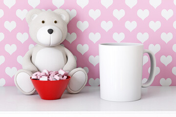White mug on a pink background with hears for Valentine's day