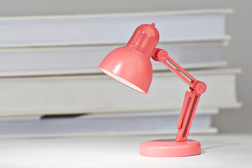 Pink table lamp on a white background. A small toy lamp near the books. The concept of learning,...