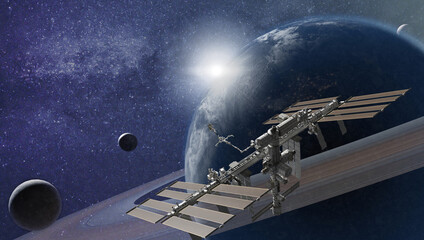 International Space Station orbiting an imaginary planet. Elements of this image were furnished by NASA. 3d rendering.