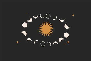 Hand drawn vector abstract stock flat graphic illustration with logo element,bohemian astrology magic minimalistic art of mystic moon phases silhouettes and sun in circle,simple style for branding. - 481132973