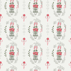 Cute bunny girl with a bouquet of roses, seamless pattern for kid products. Vector.