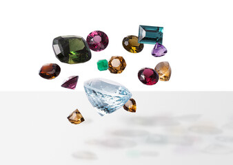 Flying perfect faceted gems with shadows. Shining luxury jewels. Composition two