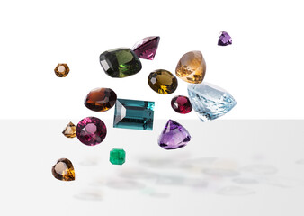 Flying perfect faceted gems with shadows. Shining luxury jewels. Composition one - 481133789