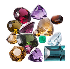 Heap of different natural faceted gems. Shining luxury jewels - 481133794