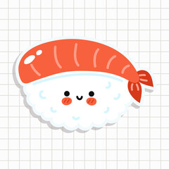 Funny cute happy Sushi characters. Vector kawaii line cartoon style illustration. Cute happy Sushi sticker in a notebook