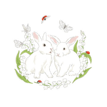 Cute bunny in Spring Bloomy garden with Lilies of the valley florals butterfly and ladybug hand drawn vector illustration isolated on white. Vintage delicate romantic nature print poster card