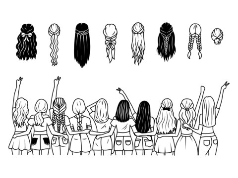 Illustration of best friends hugging with showing hands a peace. Young girls having good time together. Happy friendship day.  Fun meeting. An illustration of female strong friendships.