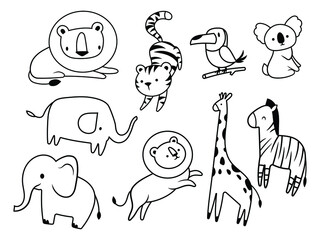 Set of cute jungle animal. Collection of safari wild animals. Decorative exotic animals. Safari pets. Colorful illustration for children.