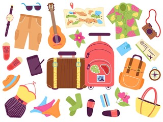 Tourist luggage. Traveller vacation bags, cartoon suitcases and summer stuff. Doodle travel bag, clothes and shoes. Travelling decent vector kit