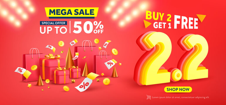 2.2 Shopping day Poster or banner with gift box on red background.Sales banner template design for social media and website.February 2 Special Offer Sale 50% Off campaign or promotion.