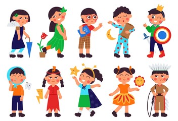 Cartoon emotional children. Different emotion kids, cheeky disgust child with kawaii friends. Indian baby, fairy tale characters. Fantasy decent vector clipart