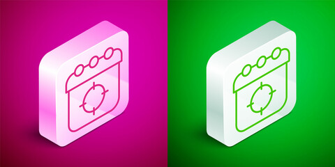 Isometric line Target sport icon isolated on pink and green background. Clean target with numbers for shooting range or shooting. Silver square button. Vector