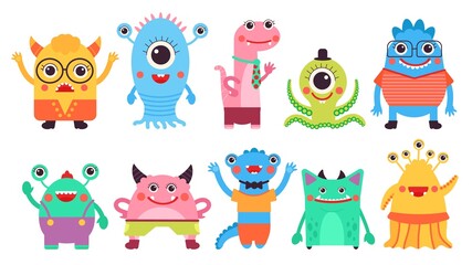Kids monster collection. Child monster, isolated cartoon aliens characters. Cute ugly comic elements, crazy colorful beast, decent vector set - obrazy, fototapety, plakaty