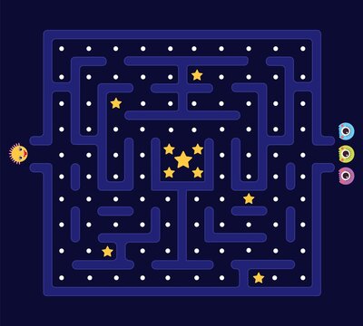 Arcade maze. Pacman background, pac man retro video computer game. Labyrinth defender and monsters. Kids app play in 80s style, videogame level decent vector design