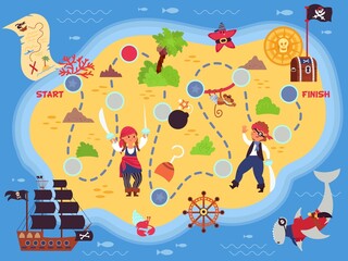 Pirate adventures map. Pirates islands, board paper play location design. Cartoon sea monster, ship and treasure chest. Travel decent vector background