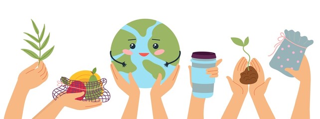 Eco banner. Safety planet, environment take care. Hands holding earth, different reusable tools, coffee mug and growing plant. Ecology decent vector background