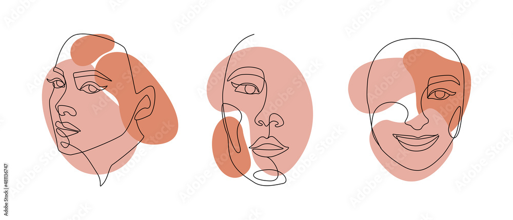 Poster set of womens faces one continuous line drawing. abstract elegance females sketch portraits in simpl