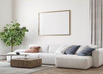Fototapeta Mockup frame in Scandinavian farmhouse living room interior, 3d render obraz
