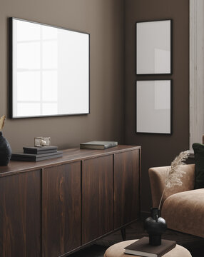 Mock-up frame in home interior with modern brown sofa, table and decor, 3d render