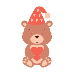 Obraz na płótnie Canvas A cute bear in a hat sits and holds a heart in its paws. A cartoon-style character, a decorative element for Valentine's day cards. Color vector illustration isolated on a white background.