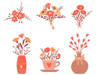 A set of flower arrangements, bouquets in a vase, a cup, with a bow. Cute simple botanical compositions in cartoon style. Color vector illustrations isolated on a white background.