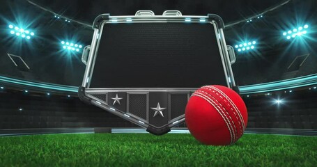 Rolling red cricket ball and steel shield with empty space for advertisement text. Green grass field and illuminated sport arena with light flashes. Two 4K video parts of loopable sport intro.